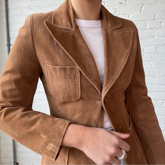 Vintage 70's Benchmark Tan Suede Leather Dagger Collar Jacket Blazer - Picture 8 of 9
